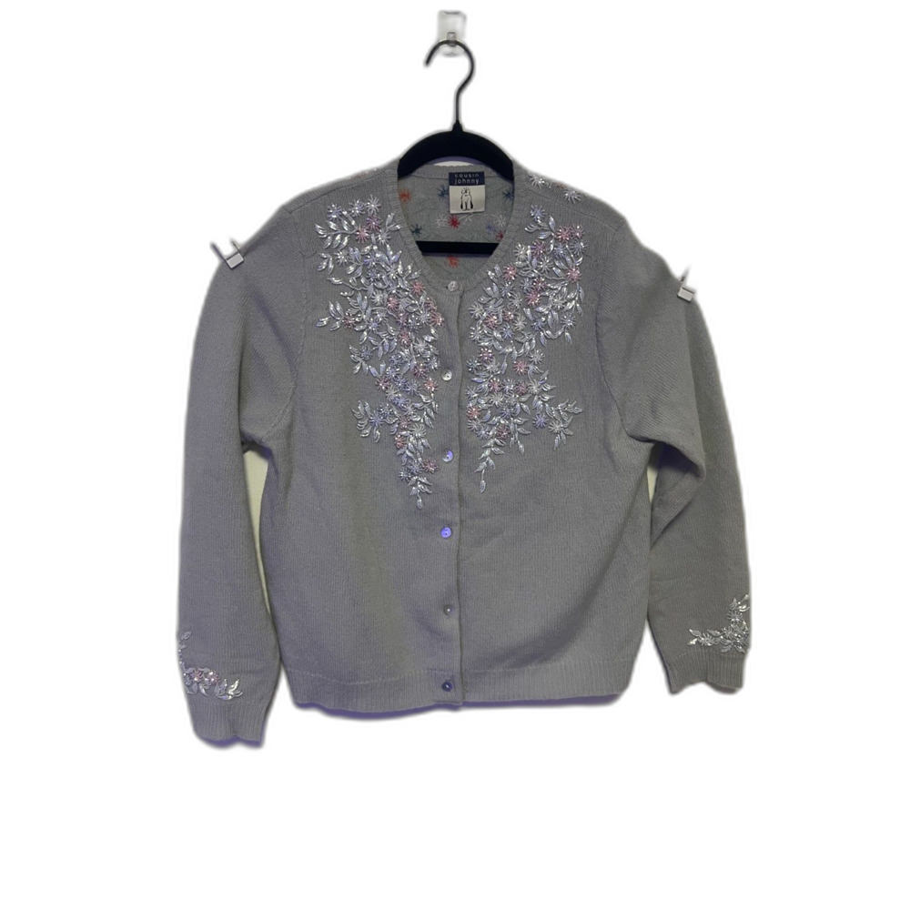Vintage Cousin Johnny Heavily Beaded Embroidered Cardigan Sweater Gray